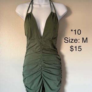 Olive Green Halter Ruched Bodycon Dress